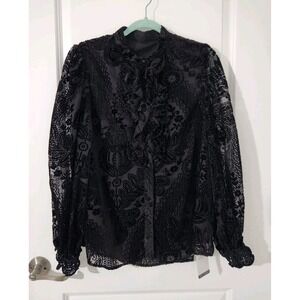 Women's Velvet Lace Black Ruffle Blouse Mock‎ Neck Long Sleeve Size 12